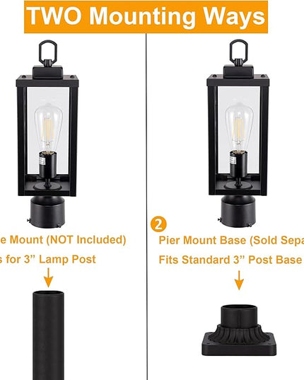 GRUENLICH Outdoor Post Lighting Fixture Pole Lantern, E26 Medium Base Max 60W, Metal Housing Plus Glass, Matte Black Finish, Bulb Not Included, 1 Pack
