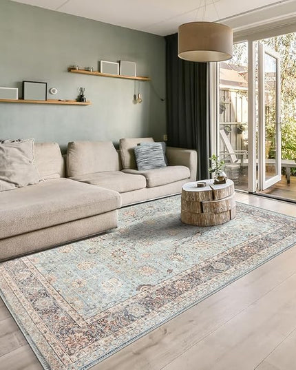 GLN Rugs Traditional Collection - Machine Washable Area Rug, Traditional Washable, Non Slip, Low Pile Chenille Rug, Living Room, Bedroom, Kitchen Rug (4'x6' Blue Floral)