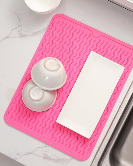 Silicone Dish Drying Mat for Multiple Usage,Easy clean,Eco-friendly,Heat-resistant Silicone Mat for Kitchen Counter or Sink,Refrigerator or drawer liner Rose L 16 inches x 12 inches