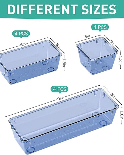 WOWBOX 6 Pack Clear Drawer Organizer Set, Acrylic Drawer Storage Trays, Storage Bins for Makeup, Cosmetics, Jewelries, Utensils, Gadgets, Office, Dark Blue
