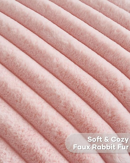 FUTEI Pink Throw Pillow Covers Set of 2, 28x28 Inch Striped Texture Euro Pillow Shams with Soft Faux Rabbit Fur Front & Velvet Back, Modern Decorative Couch Pillows for Living Room