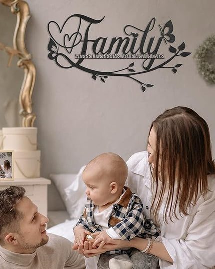 AUHOKY Family Where Life Begins Love Never Ends Word Sign Metal Wall Decor, Black Home Decor Wall Art Decorations, Letters Quotes Sign for Living Room Bedroom Kitchen Indoor Outdoor Decor(Black)