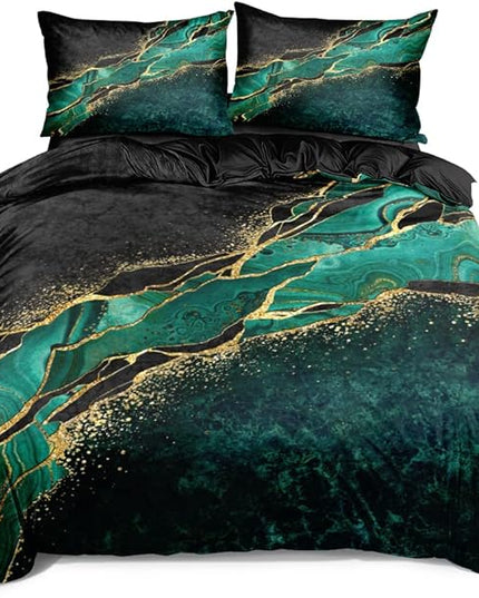 Black and Green Marble Duvet Cover Set Twin Size Gold Veins Malachite Comforter Cover Bedding Set Luxry Art Decor Bedroom