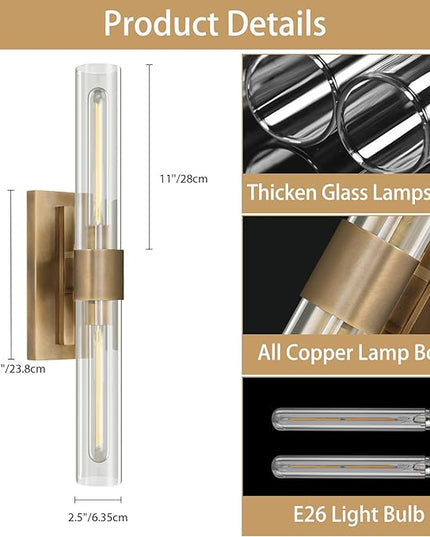 YUYI Wall Sconce, 22.8'' Brass Sconce Wall Lighting, Gold Bathroom Wall Light Fixture with Clear Glass Shade, Indoor Wall Sconce for Bathroom Vanity, Living Room, Bedroom, Hallway, Fireplace