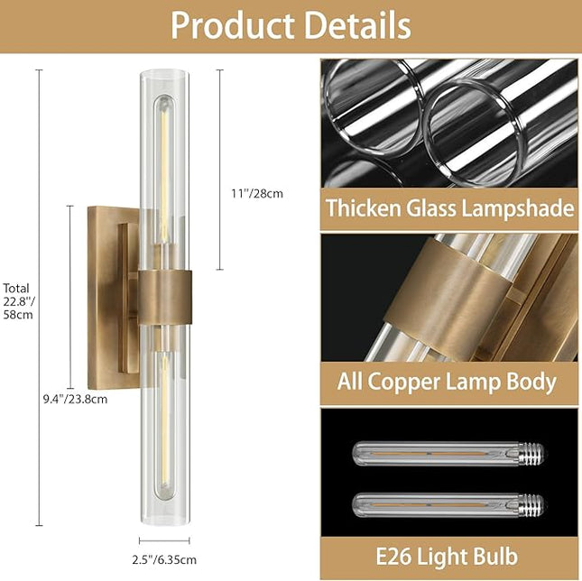 YUYI Brass Wall Sconces Set of Two, 22.8'' Gold Bathroom Sconces Wall Decor with Clear Glass Shade, Indoor Vanity Wall Lights for Bathroom Living Room Bedroom Hallway Fireplace Staircase