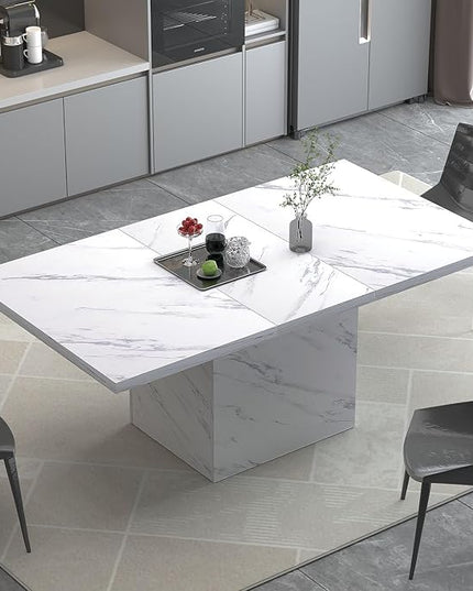 HSH White Faux Marble Dining Table, 63 inch Modern Dinner Table for 6 people, Farmhouse Rectangle Kitchen Table for Living Room, Large Wood Dining Room Tables with strong Pedestal, White Marble, 63 In