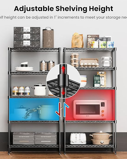 72" H Storage Shelves 5 Tier Wire Shelving with Shelf Liners, Adjustable Metal Garage Shelving, 1325LBS Heavy Duty Commercial Storage Rack for Pantry Kitchen, 35" W x 16" D x 72" H, Black