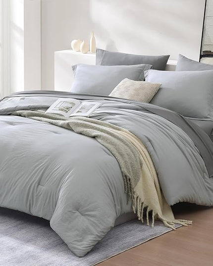 WRENSONGE Full Size Comforter Sets- 7 Pieces Soft Light Grey Bed in a Bag with Fitted Sheet, Flat Sheet, 2 Pillow Shams, 2 Pillowcases, Warm Bedding Sets for All Season