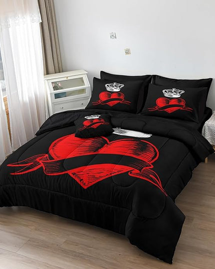 Merryword 8 Pcs Bed in a Bag Love Heart Comforter Set Full Size Prince Princess Bedding Set Crown Pattern Romantic Valentine's Day Comforter Set