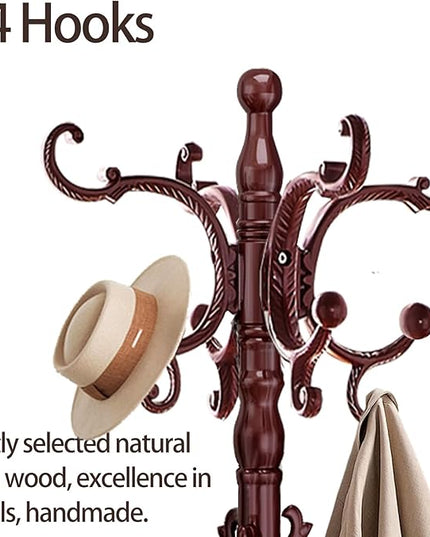 Coat Rack Freestanding, Wooden Coat Tree with Stable Round Base, Vintage Heavy Duty Coat Rack Stand with 14 Hooks, Coat Hanger Stand for Bedroom, Office, Entryway (Mahogany)