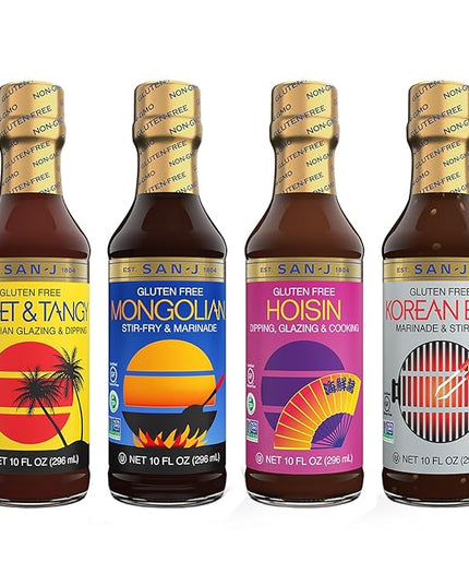 San-J - Variety Pack - Sweet and Tangy, Mongolian, Hoisin, Korean BBQ - All Gluten Free Cooking Sauces - Non-GMO - 10 oz. Bottles - 4 Pack