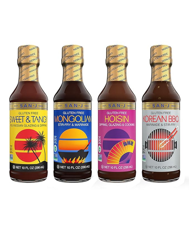 San-J - Variety Pack - Sweet and Tangy, Mongolian, Hoisin, Korean BBQ - All Gluten Free Cooking Sauces - Non-GMO - 10 oz. Bottles - 4 Pack