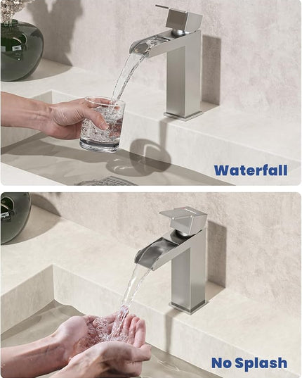 DAYONE Bathroom Sink Faucet Single Handle,One Hole Bathroom Faucet with Pop Up Drain Stopper, Optional Deckplate 1 Hole Stainless Steel Basin Mixer Tap Brushed Nickel