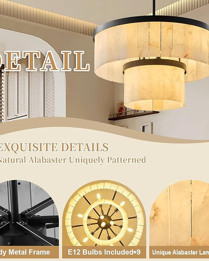 Alabaster Chandelier 2-Tier D24 Round Chandeliers, Modern Dining Room Chandelier Marble Pendant Light Farmhouse for Living Room, Bedroom, Foyer, Kitchen, Entryway Black(Include Bulbs)