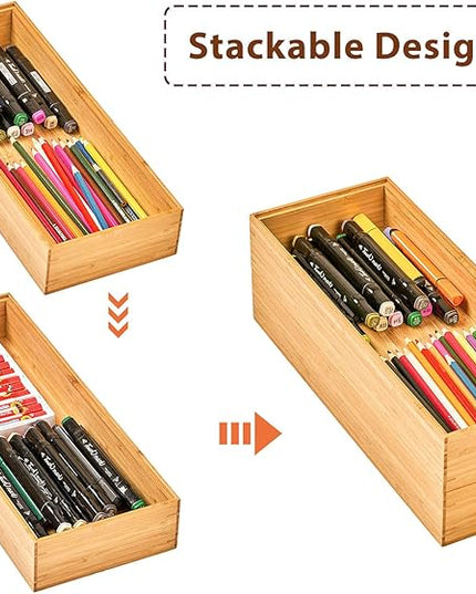 Umilife Bamboo Kitchen Drawer Organizer Boxes with Anti-Skid Silicone Feet, 2pcs Stackable Storage Bins for Kitchen Utensils & Silverware & Desk Drawer & Makeup, Tools Holder, 15”L x 6”W x 2.5”D Each