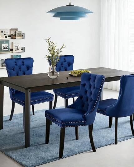 SoarFlash Velvet Dining Chairs Set of 4, Tall Back Side Chair, Modern Upholstered High-end Tufted Side Chair with Button Back Ring, Solid Wood Legs (Blue)