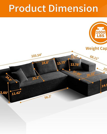 103.54'' Sectional Sofa, Raindrop Velvet Fabric L Shaped Sofa, 4 Seat Modern L Shape Couch with 2 Pillows Left Hand Lounge for Living Room, Office