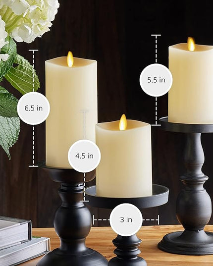 Luminara Realistic Flameless LED Set of 3 Ivory Pillar Candles, Home Safe Moving Flame Melted Top Illumination, Battery Operated Remote Control w/Timer
