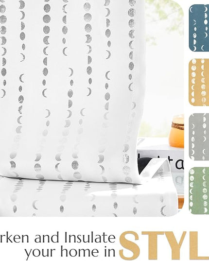 jinchan 95% Blackout Boho Curtains 90 Inch Long for Bedroom Moon Phases Printed Christmas Curtain Festive Holiday Silver on White Drapes Rod Pocket Back Tab Xmas Curtains 2 Panels