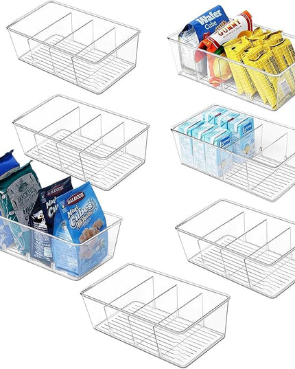 wilfox Pantry Organizer, 7 Pack Clear Bins with Removable Dividers, Pantry Organizers and Storage, Fridge and Cabinet Organizer for Snack, Pouches, Spice Packets