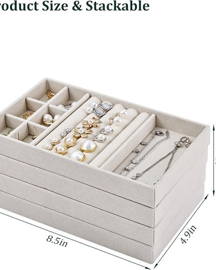 Stackable Jewelry Organizer Trays with Removable Dividers, 4-Tray Beige Jewelry Drawer Organizer Set for Earrings, Necklaces, Rings & Bracelets Gift for Her