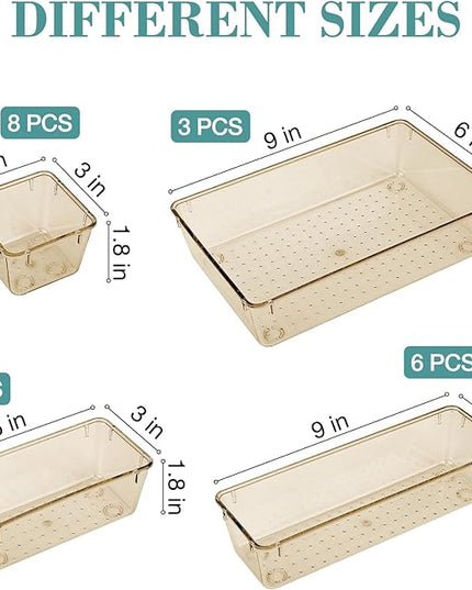 25 PCS Drawer Organizer Set, 5 Varied Size Bathroom and kitchen Drawer cabinet organizer Trays, Clear Storage Bins for Makeup, Jewelry, Utensils and Gadgets, Champagne