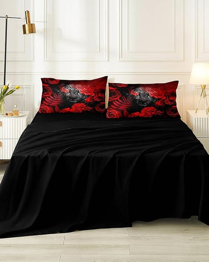 Bedbay Red Rose Leopard Comforter Set California King 8 Pcs Bed in a Bag Cheetah Bedding Teen Women Adults Men Leopard Bedding Wild Animal and Rose Flower California King Bed Set (Black,Cal-King)