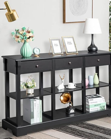 Karl home Console Table with 3 Drawers, 58" W Entryway Desk Sofa Side Table with 6 Bottom Cube Storage Shelves, Vintage TV Stand for Hallway Living Room Office, Black 32.5" H