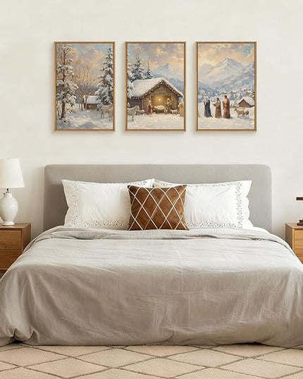 HOURIA Christian Christmas Nativity Framed Canvas Wall Art Set,Religious Mary Joseph & Jesus Christ Biblical Decor,Holy Family Star of Bethlehem Winter Artwork for Living Room,Church,Holiday-24"x36"x3