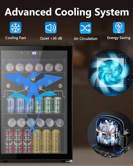 37 Bottle Wine Fridge,Freestanding 145 Can Beverage Refrigerator with Smart Temperature Control，4.5 CU FT Quiet Mini Fridge with Child Lock Panel for Family Restaurant Bar, Black