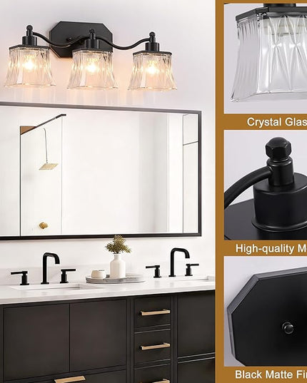 Bathroom Vanity Light Fixtures, 3-Light Vintage Matte Black Vanity Lights with Crystal Glass Shades, Farmhouse Bathroom Lighting Fixtures Over Mirror for Bathroom Bedroom Hallway