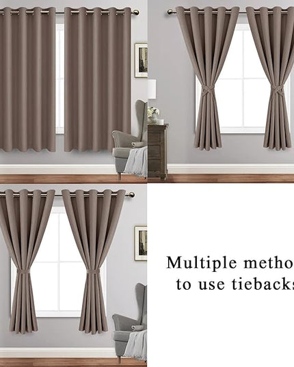 JIUZHEN Tan Blackout Curtains with Tiebacks - Thermal Insulated, Light Blocking and Noise Reducing Grommet Curtains for Bedroom and Living Room, Set of 2 Window Curtain Panels, 60 x 63 Inch Length