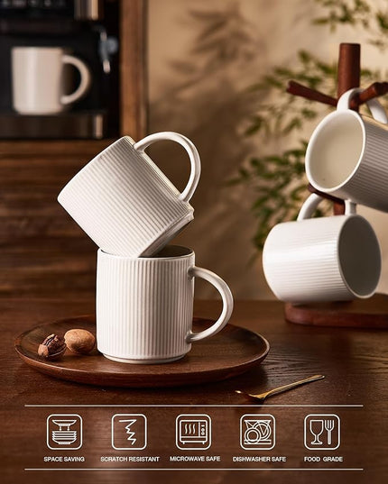 famiware Coffee Mug Set for 4, Star 16 oz Catering Mugs Cup Set with Handle for Coffee, Tea, Cocoa, Milk - Ceramic Stoneware Drinkware Set, Matte White