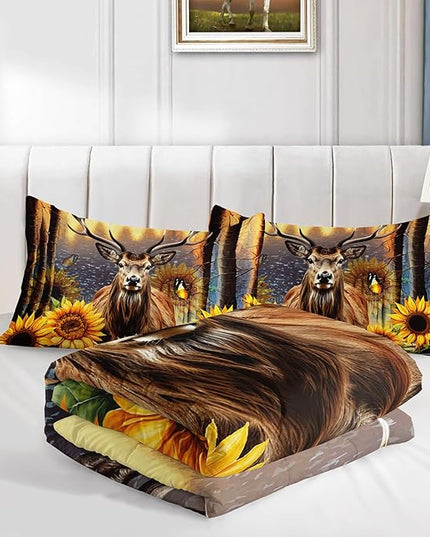 Deer Bedding Sets for Kids Boys Girls Room Decor,Hunting Themed Forest Sunflower Bedding Comforter Sets,Western Comforter Sets Woodland Camo Twin Bedding Set with 2 Pillowcases.