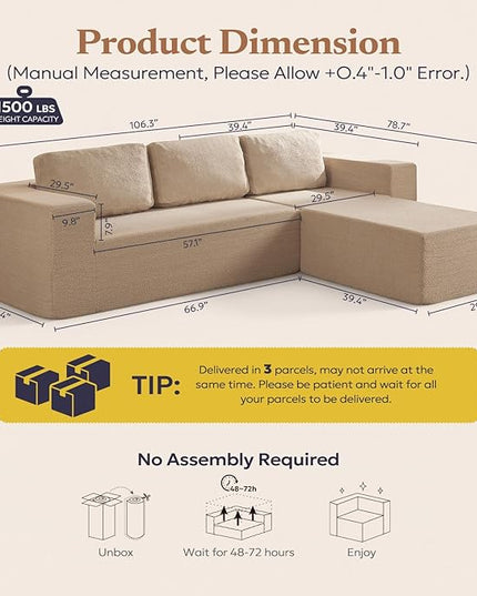 106" Modular Sectional Couch Left/Right Facing Convertible, L-Shape Modern Teddy Sofa, Deep Seat Upholstered Foam Couch for Living Room Bedroom, No Assembly Required (Camel, Teddy Boucle)
