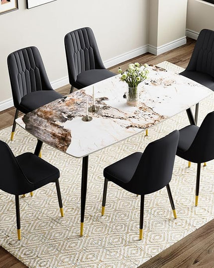 7 Piece Dining Table Set, Dinner Table Set for 6, Sintered Stone Kitchen Table Top and Modern Chairs Set of 6 for Kitchen Dining Room