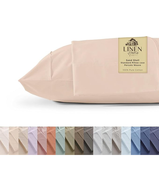 Linen Home 100% Cotton Percale Pillowcases Queen Size, Sand Shell, 2 Pieces of Pillow Case, Crisp and Cool Strong Bed Linen, 20 inches X 30 inches