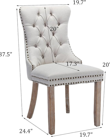 SoarFlash Linen Fabric Dining Chair Set of 2, Upholstered Tufted Dining Room Chair with Nailhead Trim and Solid Light Color Wood Leg for Kitchen (Beige)