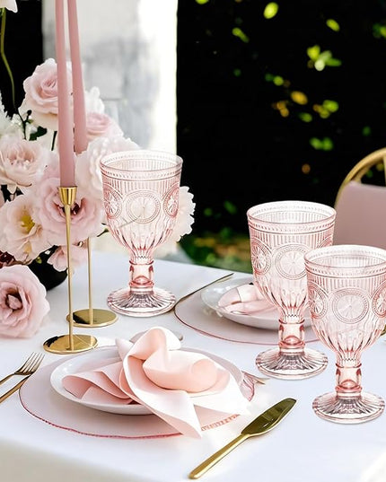 Pink 24 Pack Vintage Wine Glasses, Plastic Reusable 12 Ounce Colored Water Goblets, Unique Flower Embossed Pattern Unbreakable Stemmed Wine Glasses High Clear Wedding Party Bar Drinking Cups