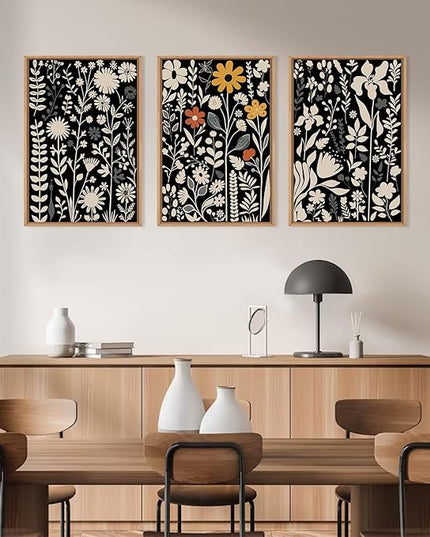 HOURIA Large Moody Boho Floral Framed Canvas Wall Art Set,Mid Century Black Flower Leaf Wall Decor,Retro Dark Wildflower Artwork,Minimalist Botanical Art Print for Living Room,Bedroom,Office-16"x24"x3
