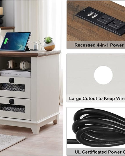 Nightstand with Charging Station,OKD 18'' Industrial & Farmhouse Square End Table w/ 2 Drawers & Open Cubby, Rustic Mesh Drawer Sofa Side Table w/Storage for Bedroom, Living Room Office, Antique White