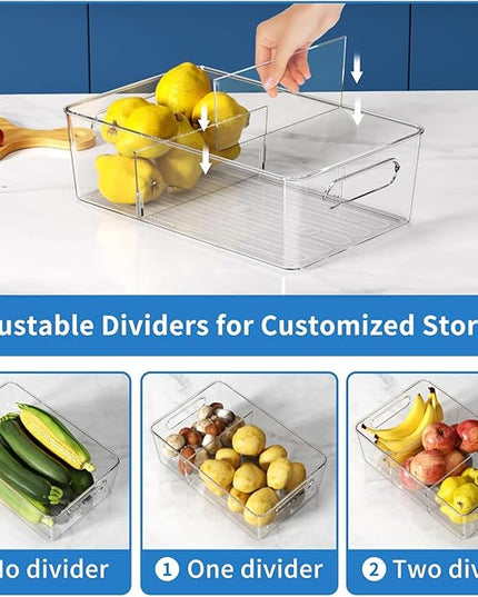 Pantry Organizers and Storage, 4 Pack Snack Organizer for Pantry Shelf,Food Storage Bins with Divider,Clear Containers for Organizing,Transparent Plastic Basket,Refrigerator and Fridge Bins