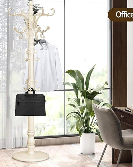 Coat Rack Freestanding, Wooden Coat Tree with Stable Round Base, Vintage Heavy Duty Coat Rack Stand with 14 Hooks, Coat Hanger Stand for Bedroom, Office, Entryway (Ivory)