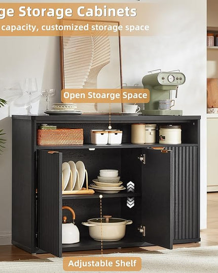 LEYAOYAO Fluted Buffet Cabinet with Storage, 45" Wide Wood Sideboard Credenza with 3 Doors & Open Storage Shelf, Modern Kitchen Console Accent Cabinets, Coffee Bar Table for Dining Room, Black Oak