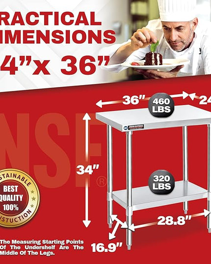 DuraSteel 24x36 Stainless Steel Work Table - NSF Commercial Prep Metal Table - Outdoor Pizza Oven Stand w/Under Shelf - Kitchen Island Laundry Utility Garage Microwave Stand Large Rolling Storage Cart