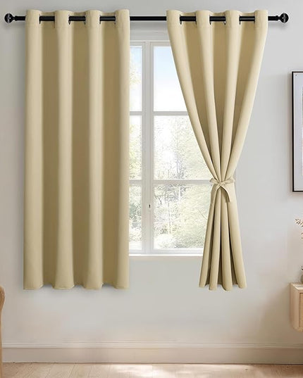 JIUZHEN Light Beige Blackout Curtains with Tiebacks Thermal Insulated, Light Blocking and Noise Reducing Grommet Curtains for Bedroom and Living Room, 2 Window Curtain Panels, 52 x 63 Inch Length