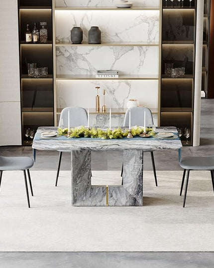 Dinner Table Set for 4, 5 Piece Dining Table Set with Chairs, 63" Faux Marble Modern Table with 4 Linen Fabric Chairs, for Kitchen & Dining Room