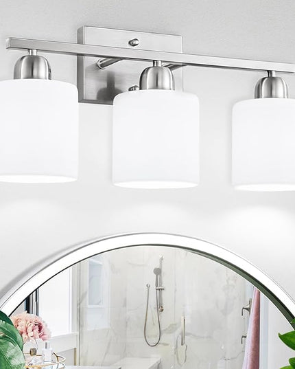 Brushed Nickel Bathroom Light Fixture, 3 Light Vanity Lights for Bathroom, Bath Lights with Milky White Frosted Glass Shades, E26 Socket