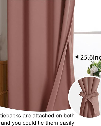 JIUZHEN Dried Rose Blackout Curtains with Tiebacks Thermal Insulated, Light Blocking and Noise Reducing Grommet Curtains for and Living Room, Set of 2 Window Curtain Panels, 42 x 54 Inch Length