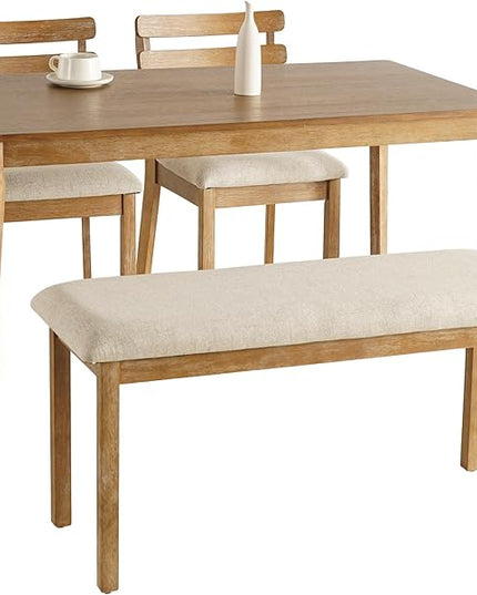4-Piece Farmhouse Dining Set, Wooden Table with 2 Chairs, Bench Seat, Mid-Century Modern Wooden Table & Upholstered Chair Set for Home, Kitchen, Dining Room, Solidwood Legs